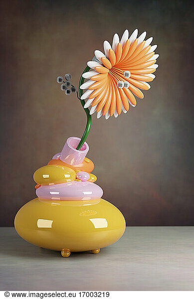 Three dimensional render of plastic flower in futuristic vase