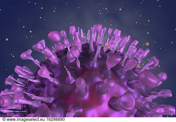 Three dimensional render of purple COVID-19 cell