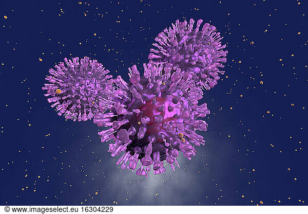 Three dimensional render of purple COVID-19 cells