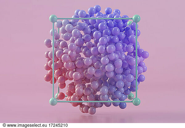 Three dimensional render of purple spheres floating inside cubic frame