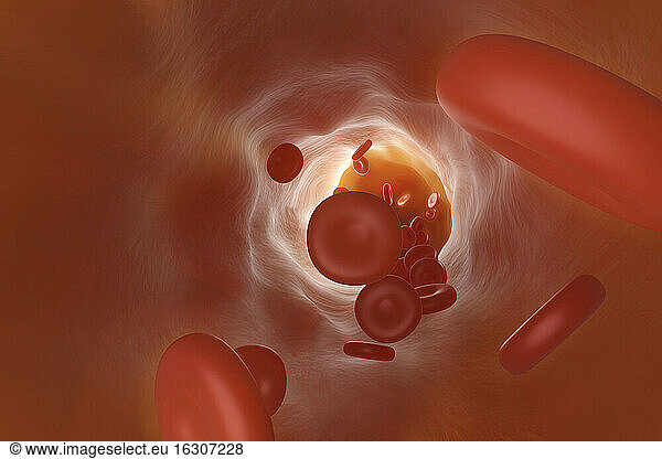 Three dimensional render of red blood cells flowing through vein