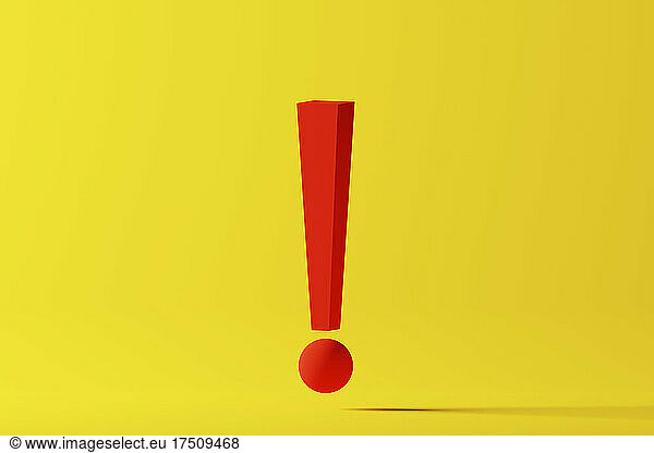 Three dimensional render of red exclamation point against yellow background
