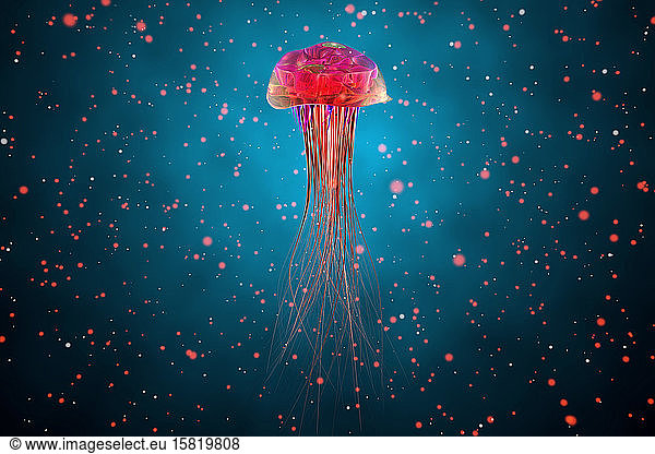 Three dimensional render of red glowing jellyfish swimming underwater