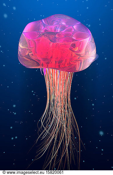 Three dimensional render of red glowing jellyfish swimming underwater