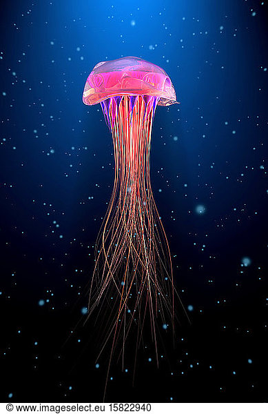 Three dimensional render of red glowing jellyfish swimming underwater