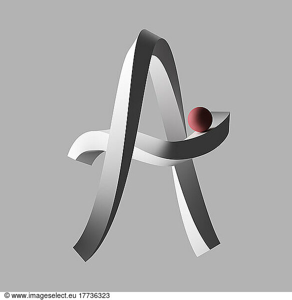 Three dimensional render of red sphere balancing on letter A