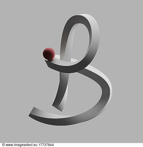 Three dimensional render of red sphere balancing on letter B