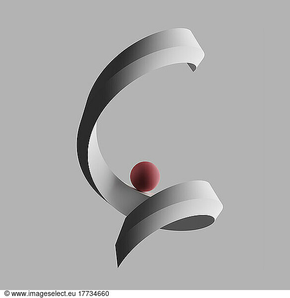 Three dimensional render of red sphere balancing on letter C