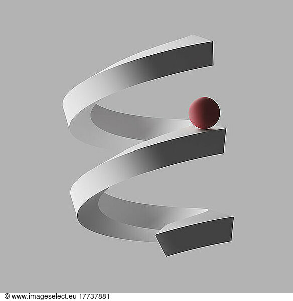 Three dimensional render of red sphere balancing on letter E