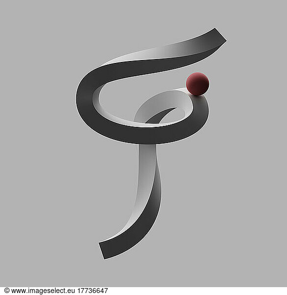 Three dimensional render of red sphere balancing on letter F