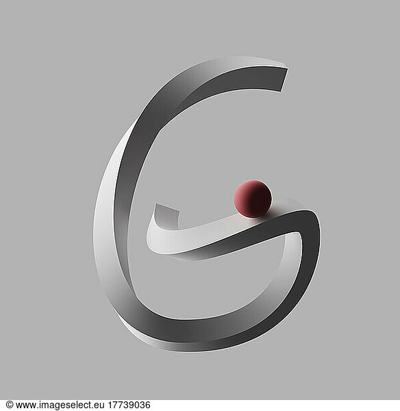 Three dimensional render of red sphere balancing on letter G