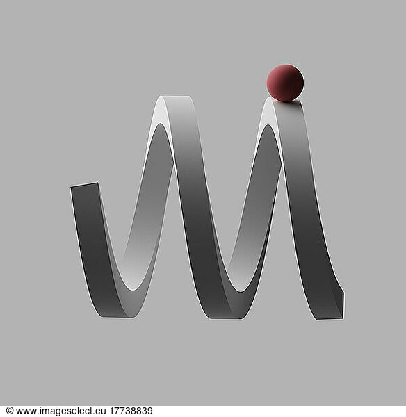 Three dimensional render of red sphere balancing on letter M