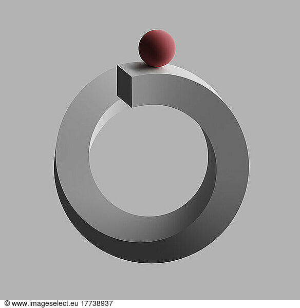 Three dimensional render of red sphere balancing on letter O