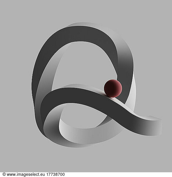 Three dimensional render of red sphere balancing on letter Q