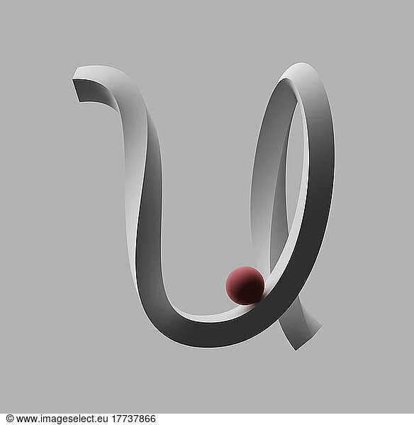 Three dimensional render of red sphere balancing on letter U