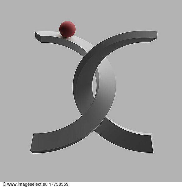 Three dimensional render of red sphere balancing on letter X