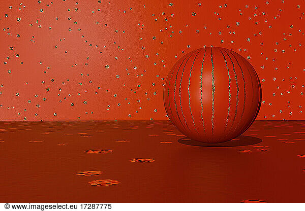 Three dimensional render of red striped sphere lying against red spotted background