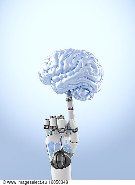 Three dimensional render of robotic arm balancing human brain on top of finger