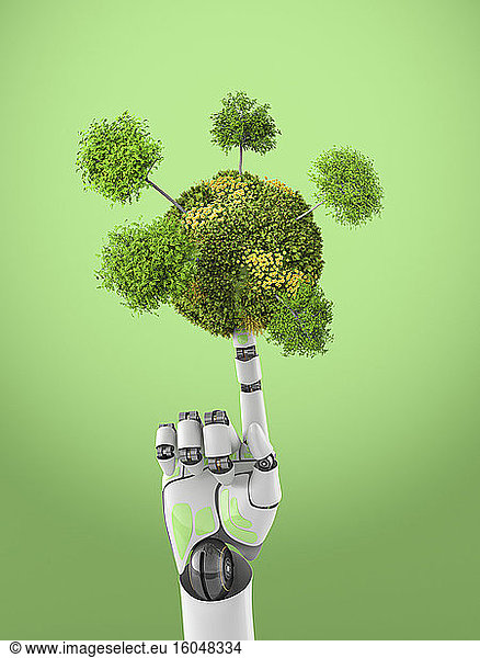 Three dimensional render of robotic arm balancing overgrown sphere on top of finger