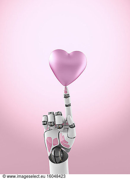 Three dimensional render of robotic arm balancing pink heart on top of finger