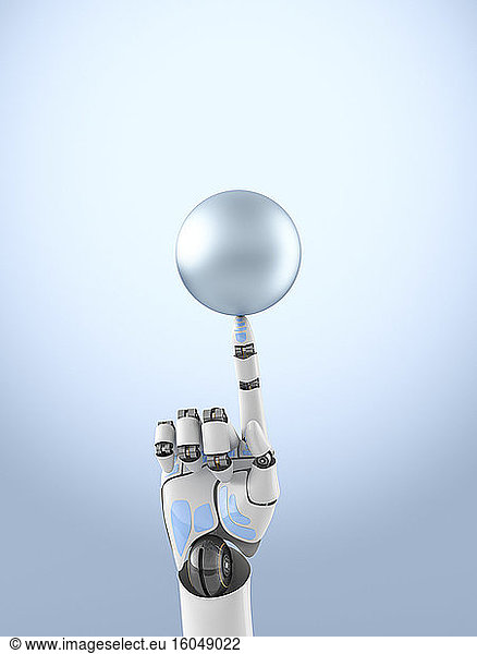 Three dimensional render of robotic arm balancing sphere on top of finger