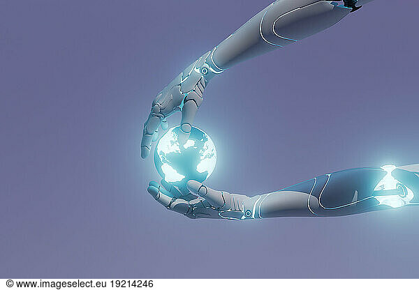 Three dimensional render of robotic arms holding glowing planet Earth
