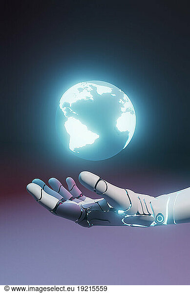 Three dimensional render of robotic hand holding glowing planet Earth