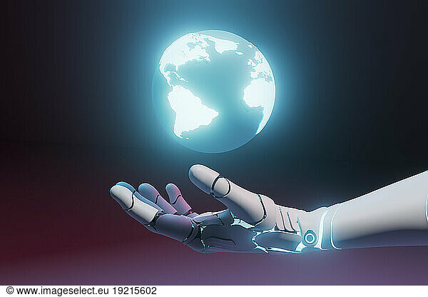 Three dimensional render of robotic hand holding glowing planet Earth