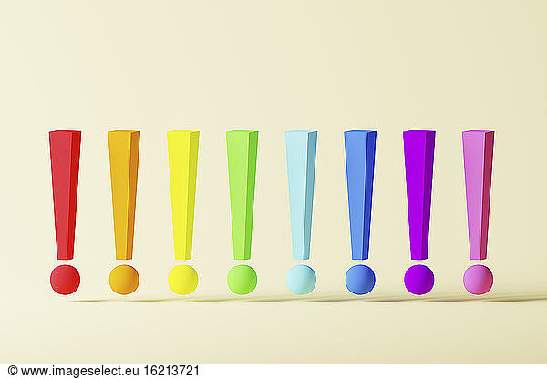 Three dimensional render of row of colorful exclamation points