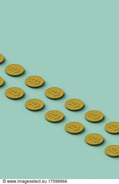 Three dimensional render of rows of Bitcoins flat laid against turquoise background