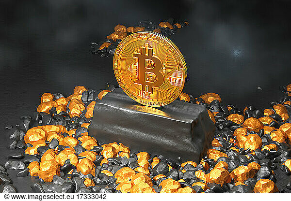 Three dimensional render of single Bitcoin standing inside gold mine