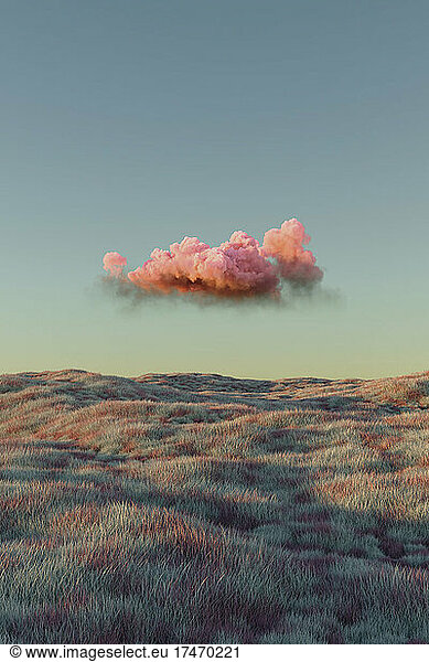 Three dimensional render of single pink cloud floating over grassy rolling landscape