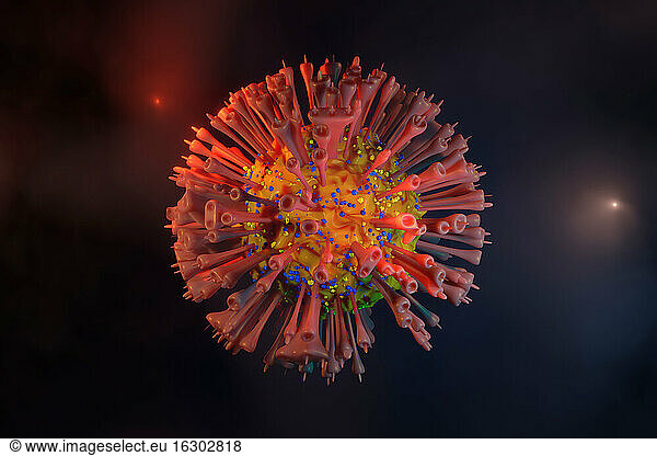 Three dimensional render of single red COVID-19 cell