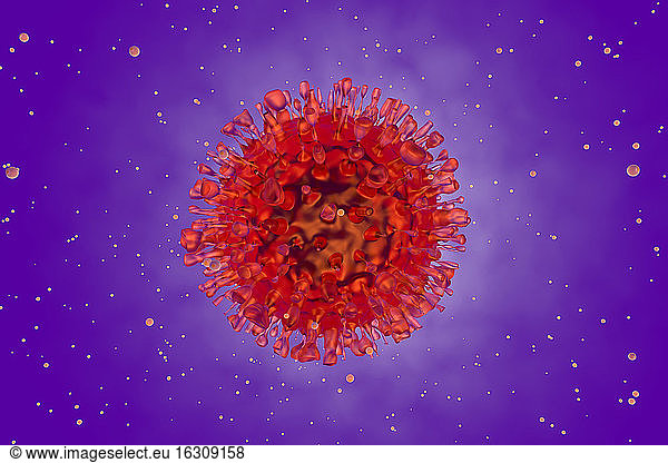 Three dimensional render of single red COVID-19 cell