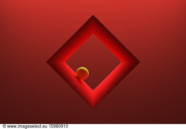 Three dimensional render of small sphere inside square shaped frame