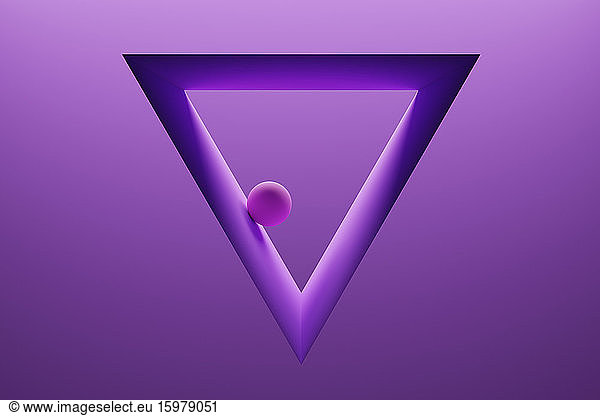 Three dimensional render of small sphere inside triangle shaped frame
