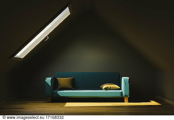 Three dimensional render of sofa in empty attic
