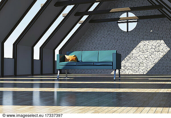 Three dimensional render of sofa standing in empty loft apartment