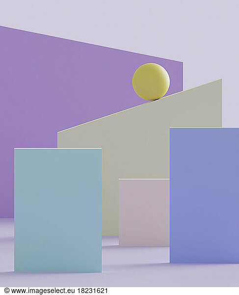 Three dimensional render of sphere and pastel colored geometric shapes