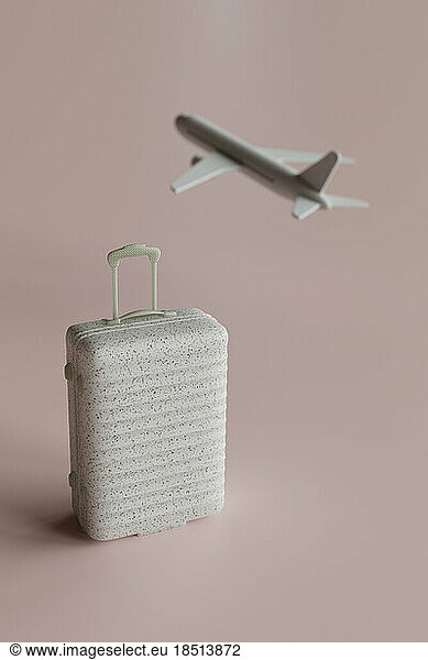 Three dimensional render of suitcase and flying airplane