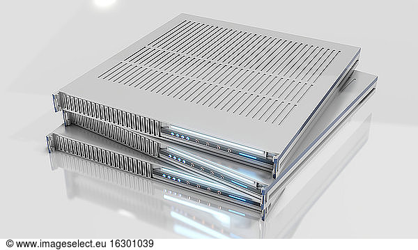 Three dimensional render of three stacked 19 inch server modules