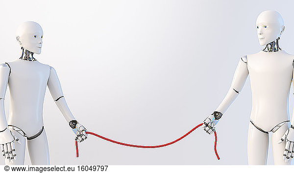 Three dimensional render of two androids holding rope