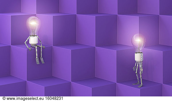 Three dimensional render of two humanoid light bulbs