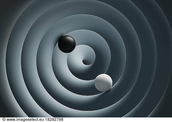 Three dimensional render of two spheres rolling down spiral
