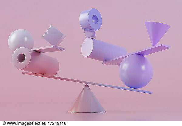 Three dimensional render of various geometric shapes balancing on top of cone