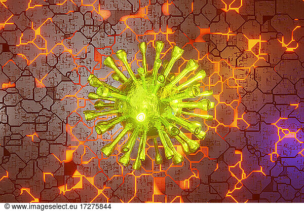 Three dimensional render of virus cell floating over glowing circuit board