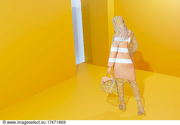 Three dimensional render of wire mesh mannequin wearing striped dress 