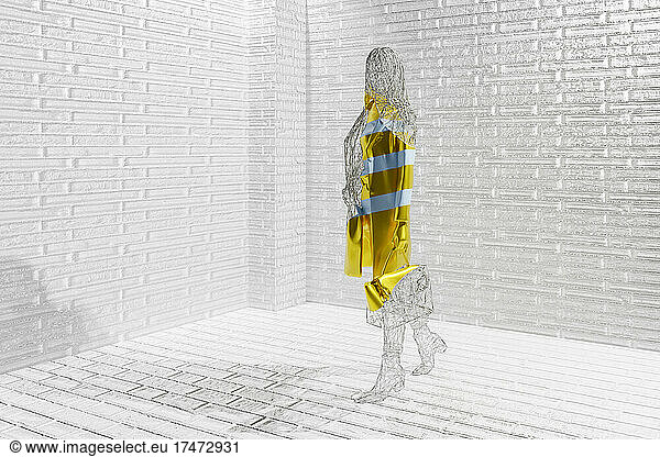 Three dimensional render of wire mesh mannequin wearing striped dress 