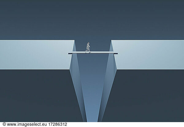 Three dimensional render of wireframe man crossing bridge between two cliffs