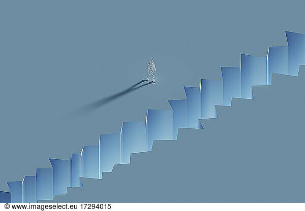 Three dimensional render of wireframe man walking toward crevice